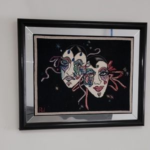 VINTAGE EMBRIODERY NEEDLE POINT ART CLOWNS FACE 19x24 SIGNED RW.